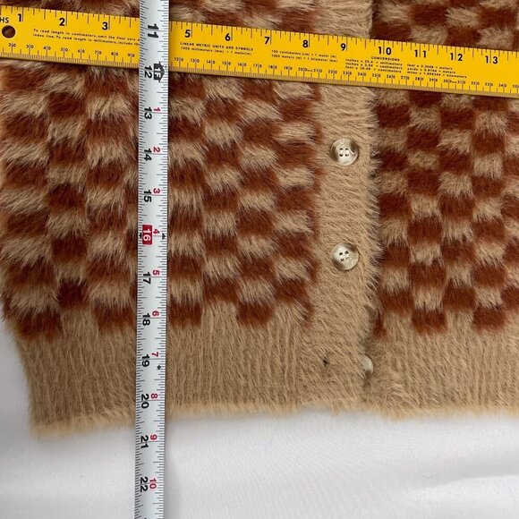 Hem & Thread Checkered Fuzzy Button Cardigan Sweater Balloon Sleeves Women M NWT - Picture 11 of 12